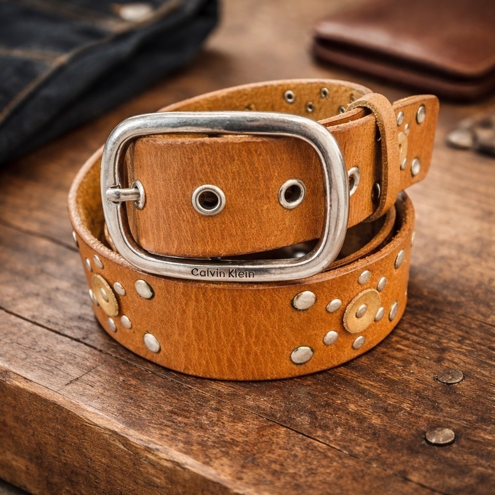Calvin Klein Studded Leather Belt | Brown Western Boho | Silver Buckle XL